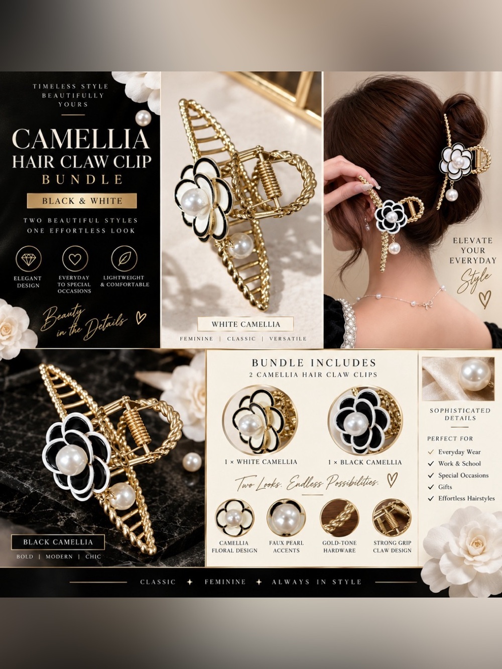 2pc Camellia Flower Hair Claw Clip Bundle Black White Pearl Gold